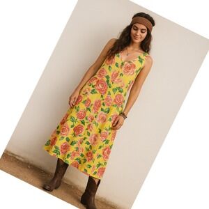 James World Vintage Floral Button Front Maxi Dress Yellow Pink Roses  L